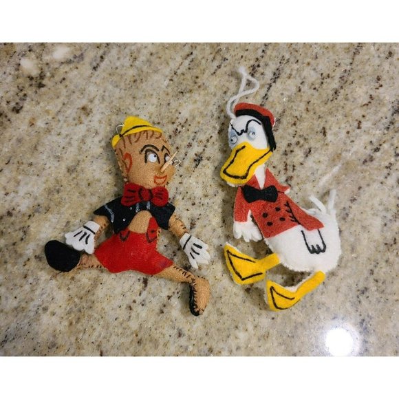 Vintage Felt Christmas Ornaments Googly Eyes Pinocchio &  Donald Duck. Set - Picture 1 of 12